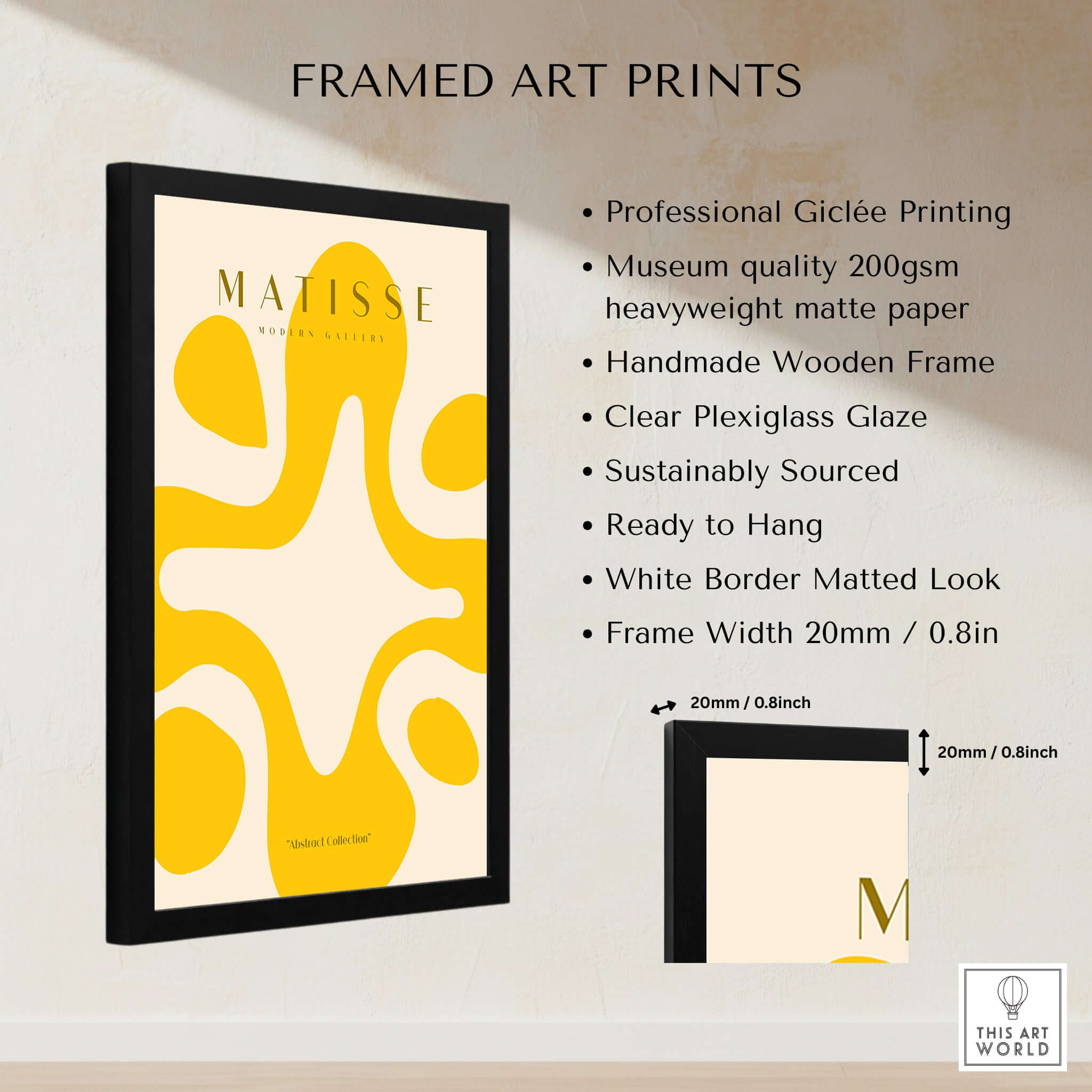 Matisse Art Prints -   Yellow Abstract Fluid Shape Poster framed with a wooden frame and plexiglass, showcasing vibrant colors.