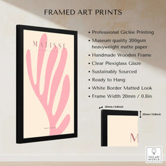 Matisse Art Prints - Pink Coral Leaf Abstract Botanical Poster framed with a wooden frame, ready to hang, showcasing coral pink hand shapes.
