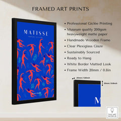 Matisse Art Prints - Dancing Figures Pattern Red Blue Poster framed with vibrant red-orange dancing figures and teal leaves.