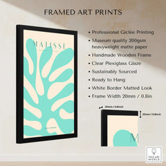 Matisse Art Prints - Mint Green Coral Abstract Seaweed Poster in a black handmade wooden frame.