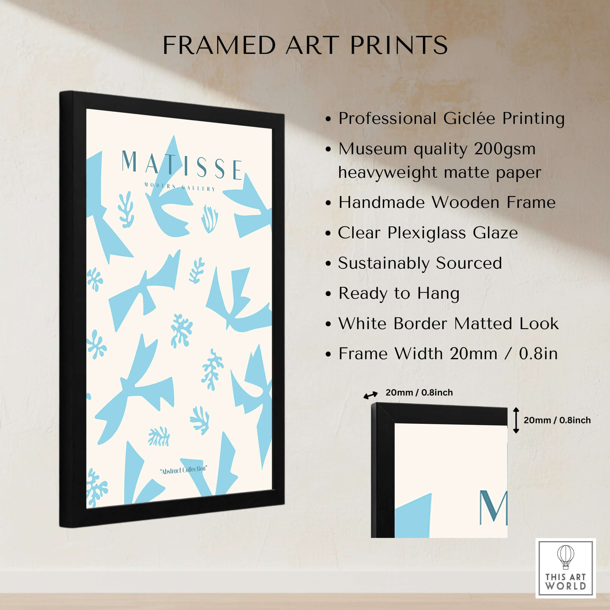 Matisse Art Prints -Blue Abstract Birds Botanical Pattern Poster displayed in a black handmade frame with Plexiglass.