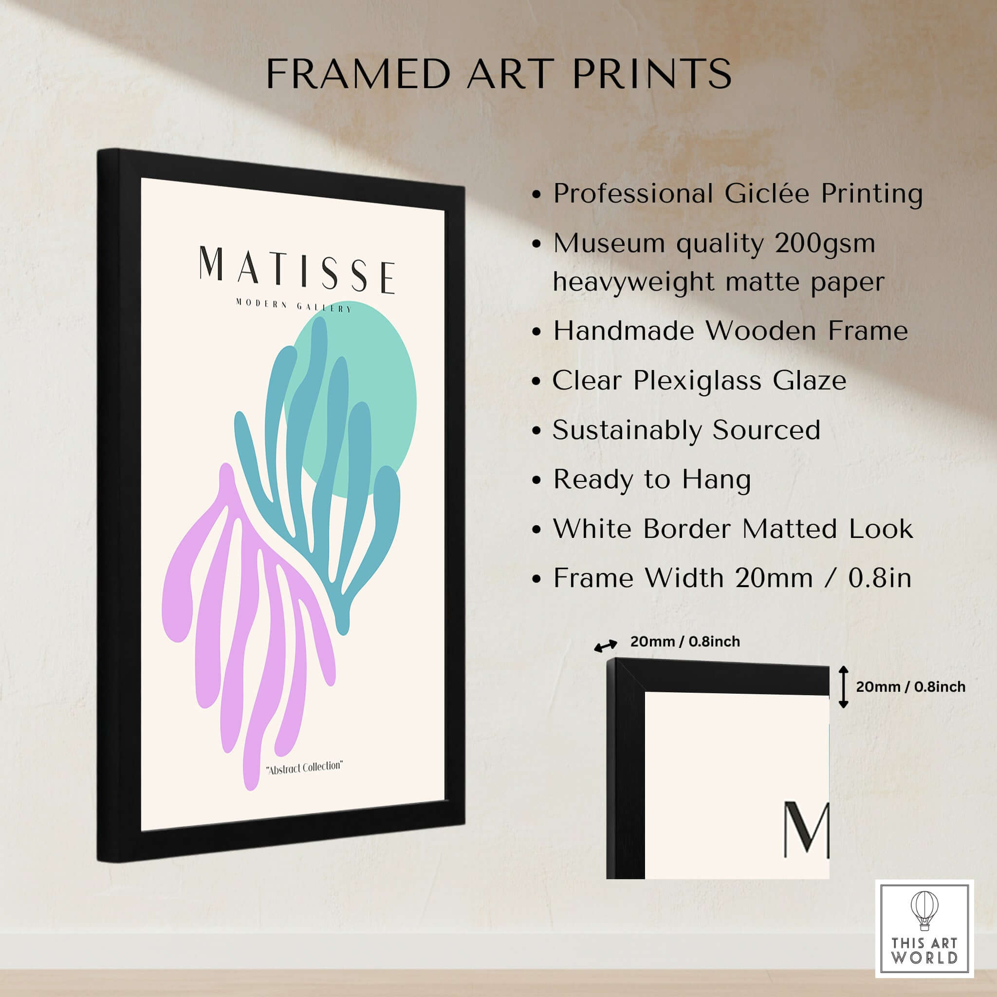 Matisse Art Prints -Teal Pink Abstract Leaves Sun Poster displayed in a black framed art print with clear plexiglass.