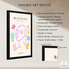 Matisse Art Prints -Line Art Face Abstract Botanical Collage Poster showcasing framed art details and vibrant colors.