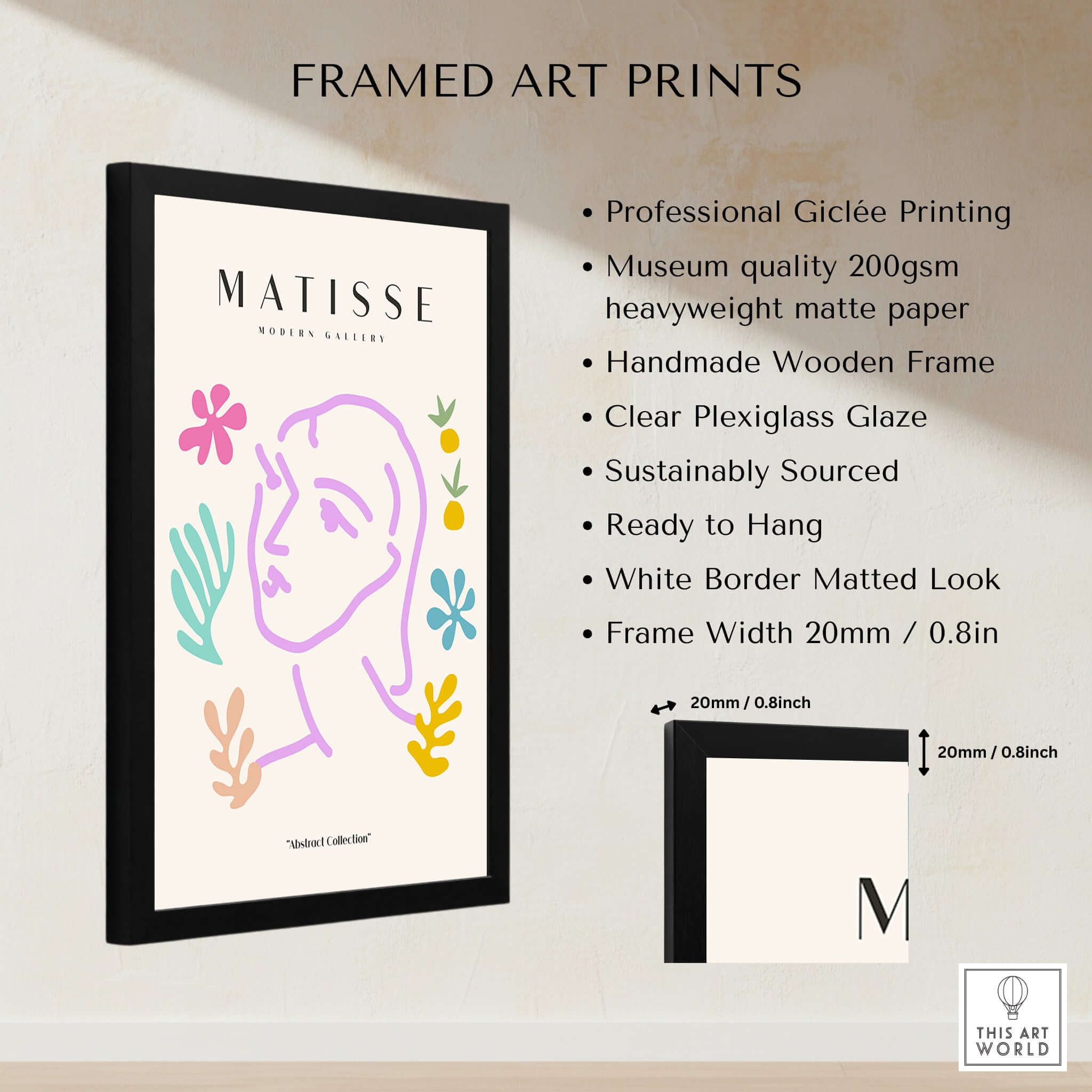 Matisse Art Prints -Line Art Face Abstract Botanical Collage Poster showcasing framed art details and vibrant colors.