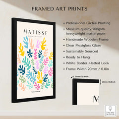 Matisse Art Prints - Colorful Abstract Botanical Scatter Poster framed with a handmade wooden frame and vibrant botanical designs.
