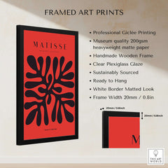 Matisse Art Prints - Black Abstract Coral Shape Red Poster displayed in a framed format with product details.