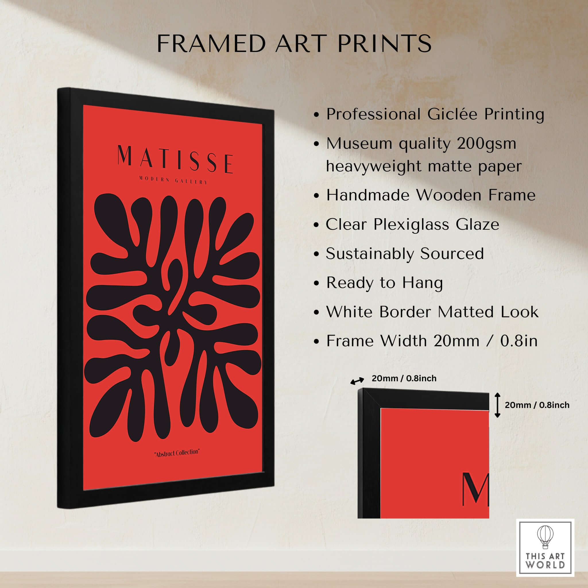 Matisse Art Prints - Black Abstract Coral Shape Red Poster displayed in a framed format with product details.