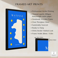 Matisse Art Prints -  Blue Abstract Profile with Yellow Dots Poster framed art print showcasing bold colors and minimalist design.