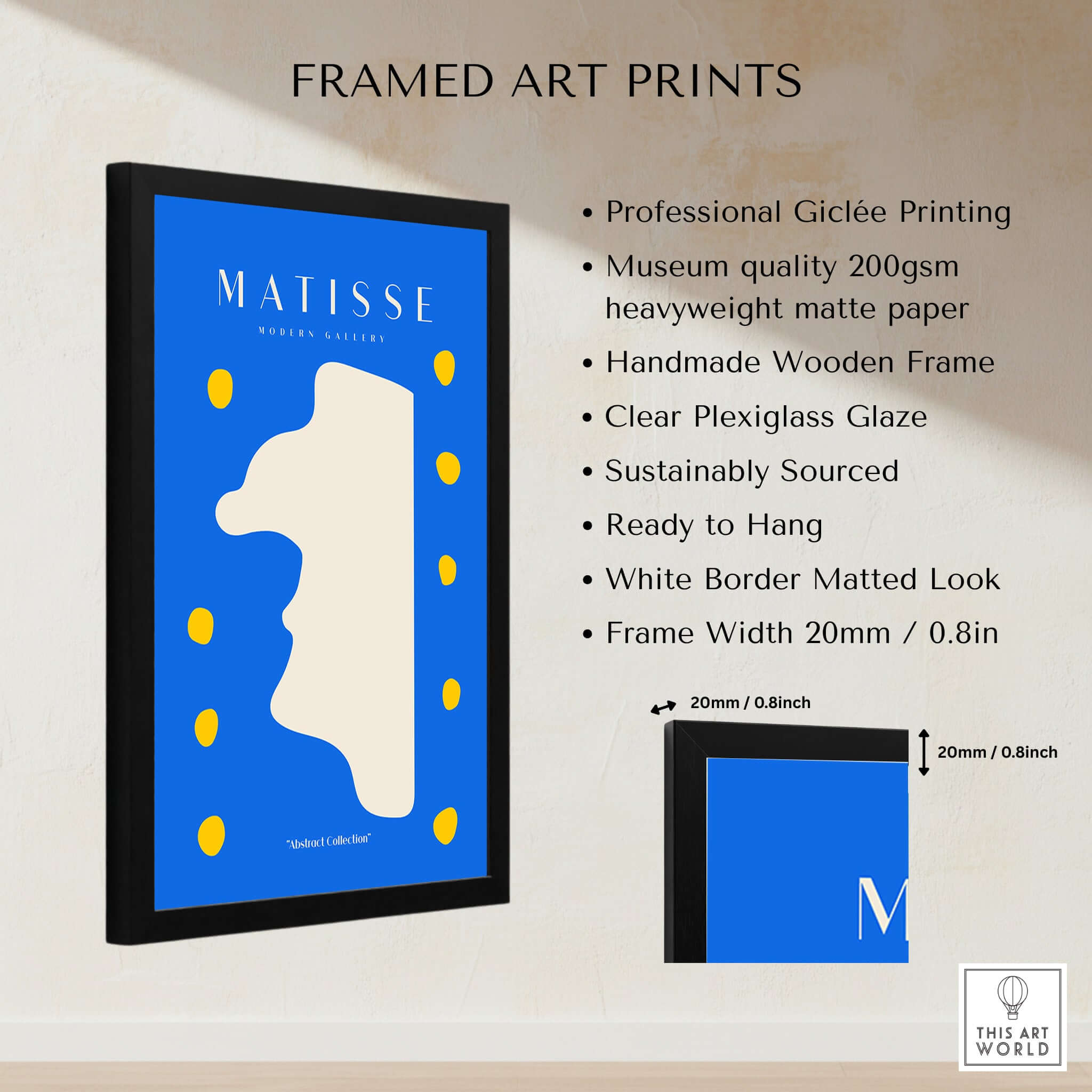 Matisse Art Prints -  Blue Abstract Profile with Yellow Dots Poster framed art print showcasing bold colors and minimalist design.