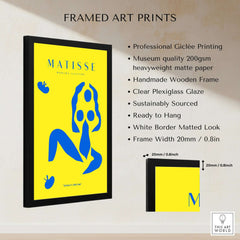 Matisse Art Prints - Blue Nude Abstract Figure Yellow Poster framed art print with vibrant blue figure.