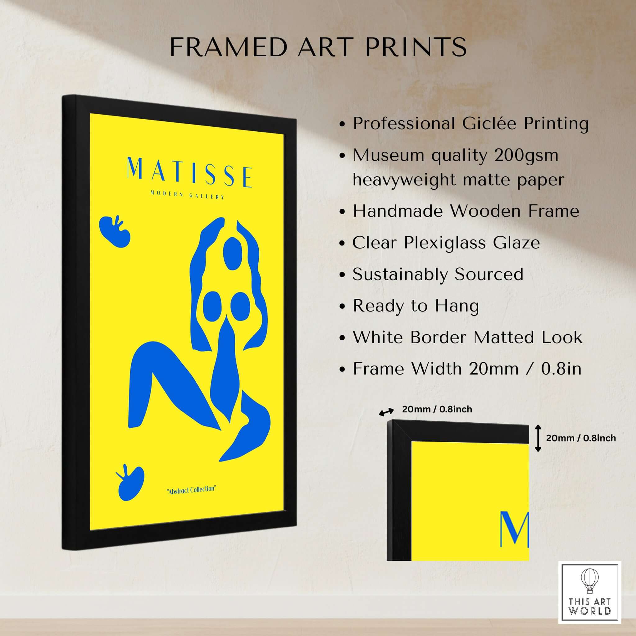 Matisse Art Prints - Blue Nude Abstract Figure Yellow Poster framed art print with vibrant blue figure.