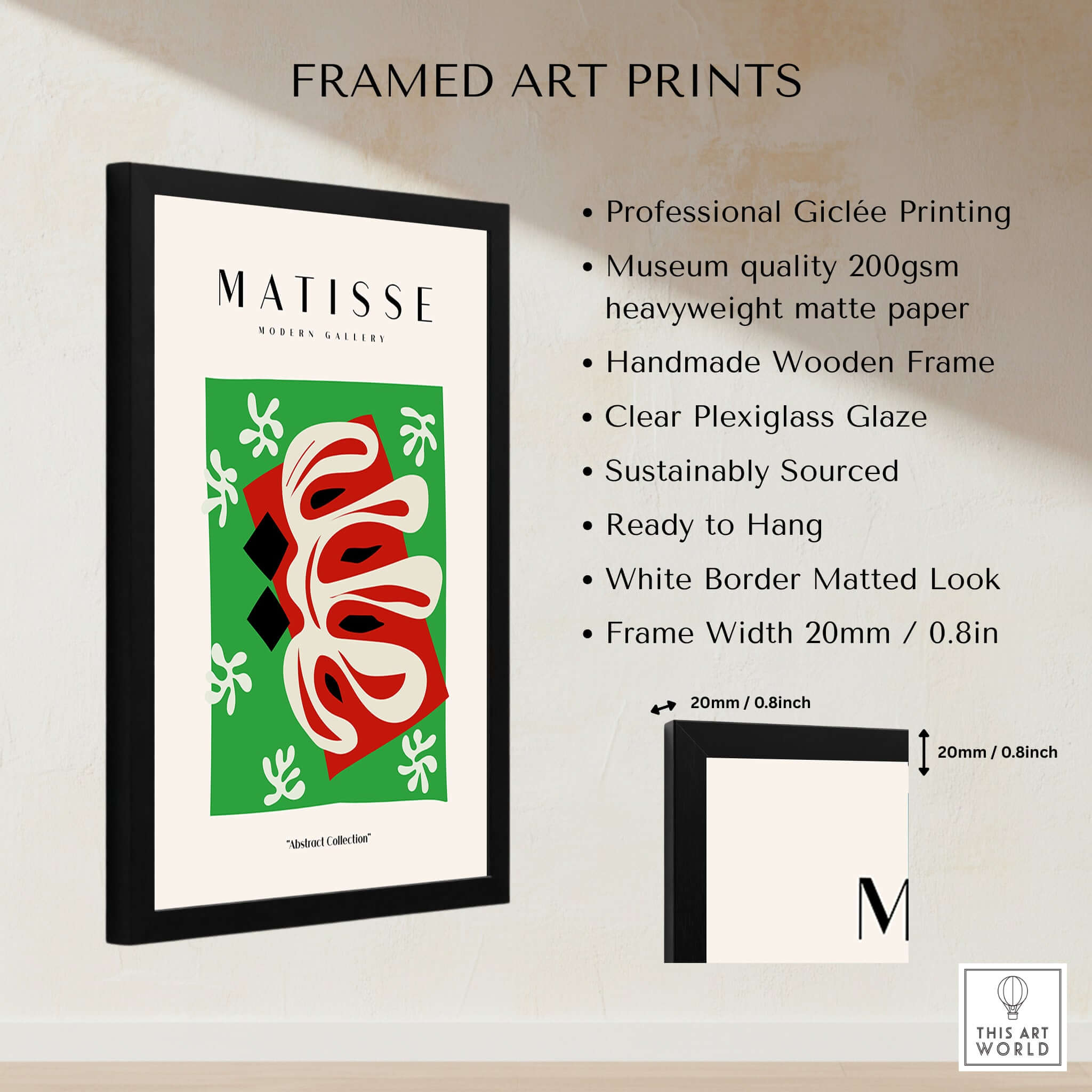 Matisse Art Prints -  Abstract Shape Red Green Poster showcasing professional Giclée printing and handmade wooden frame.