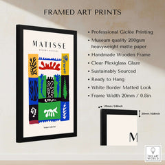 Matisse Art Prints -  Complex Abstract Botanical Patchwork Poster framed in a black wooden frame with clear plexiglass.