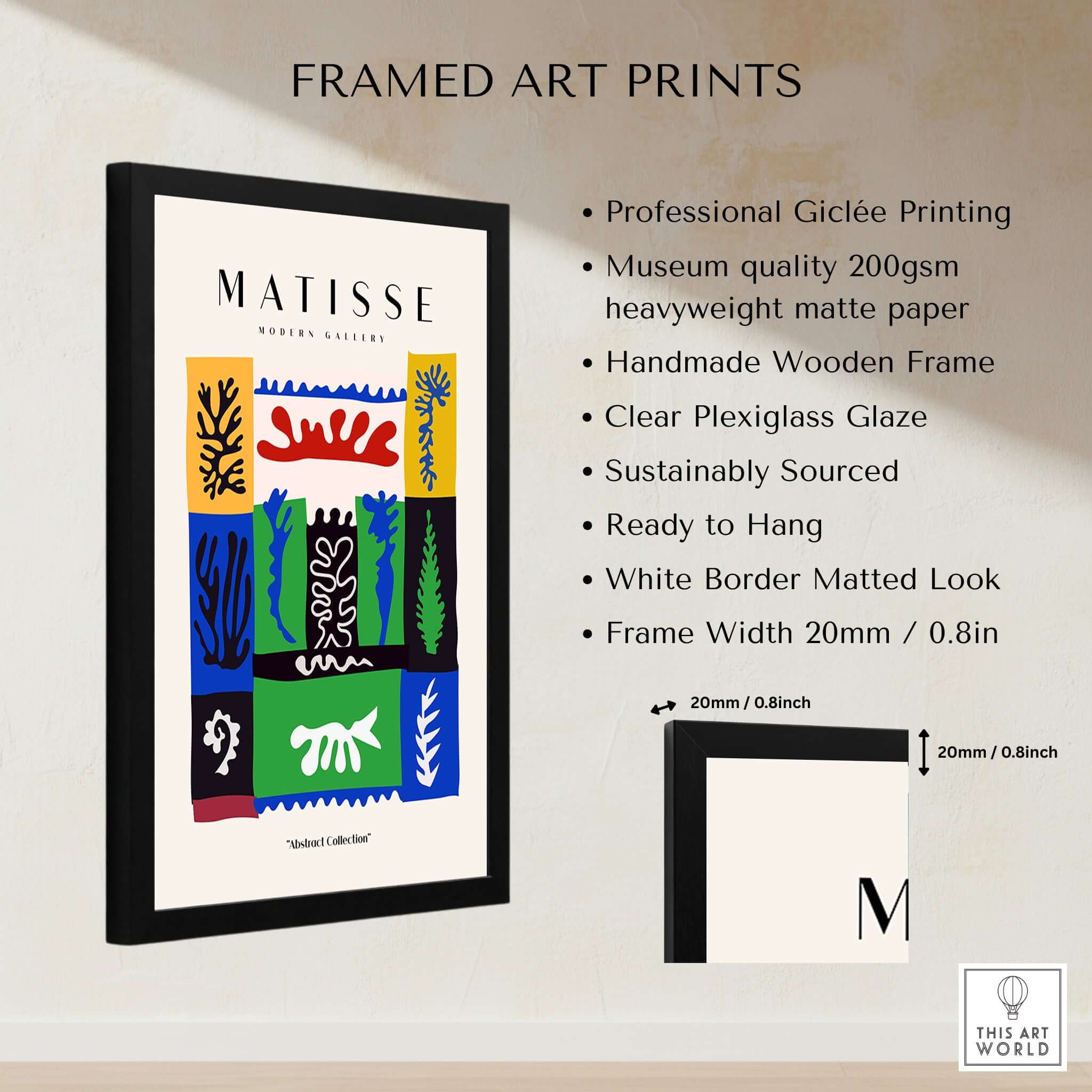 Matisse Art Prints -  Complex Abstract Botanical Patchwork Poster framed in a black wooden frame with clear plexiglass.