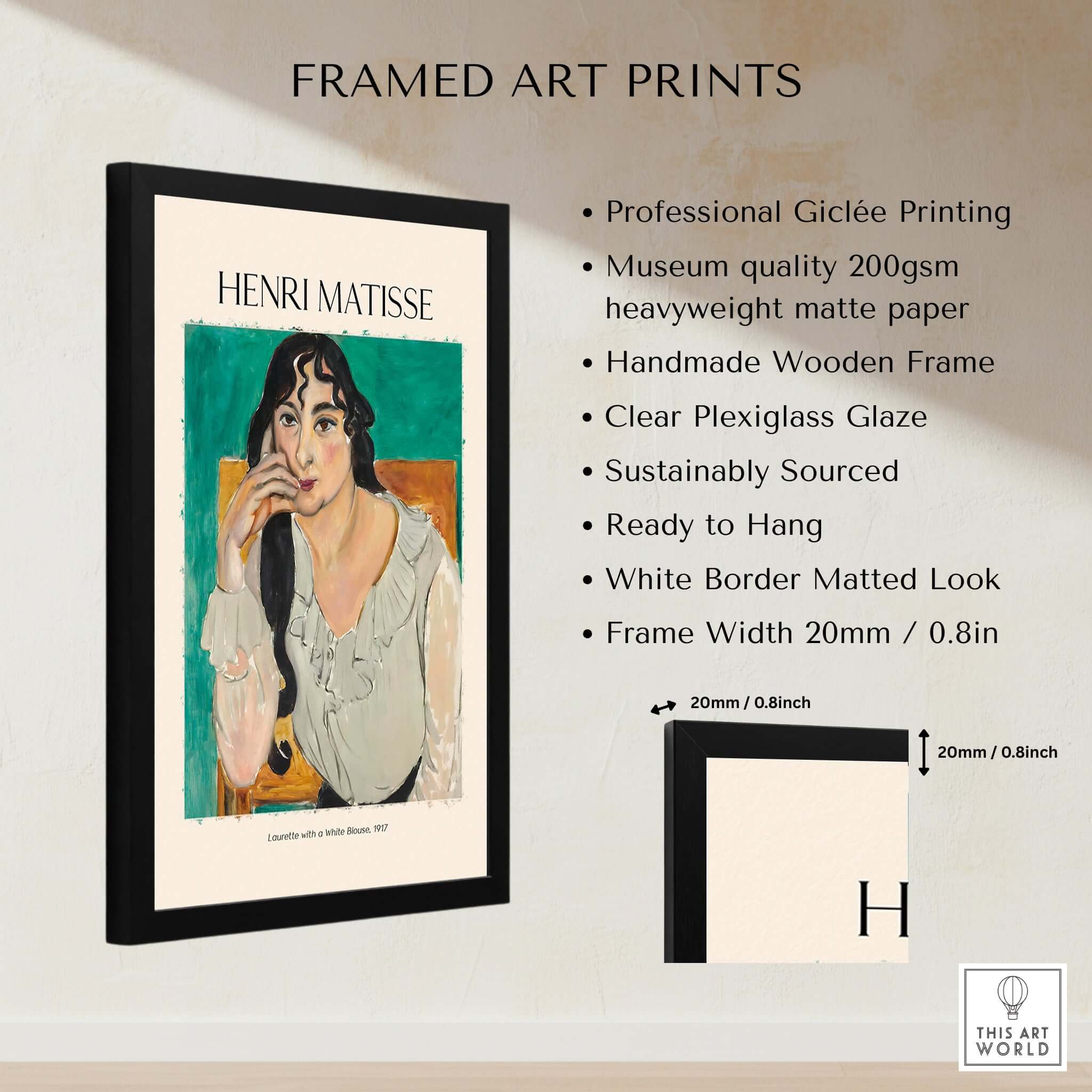 Matisse Poster - Laurette with a White Blouse 1917 Art Print framed art print featuring professional giclée printing.