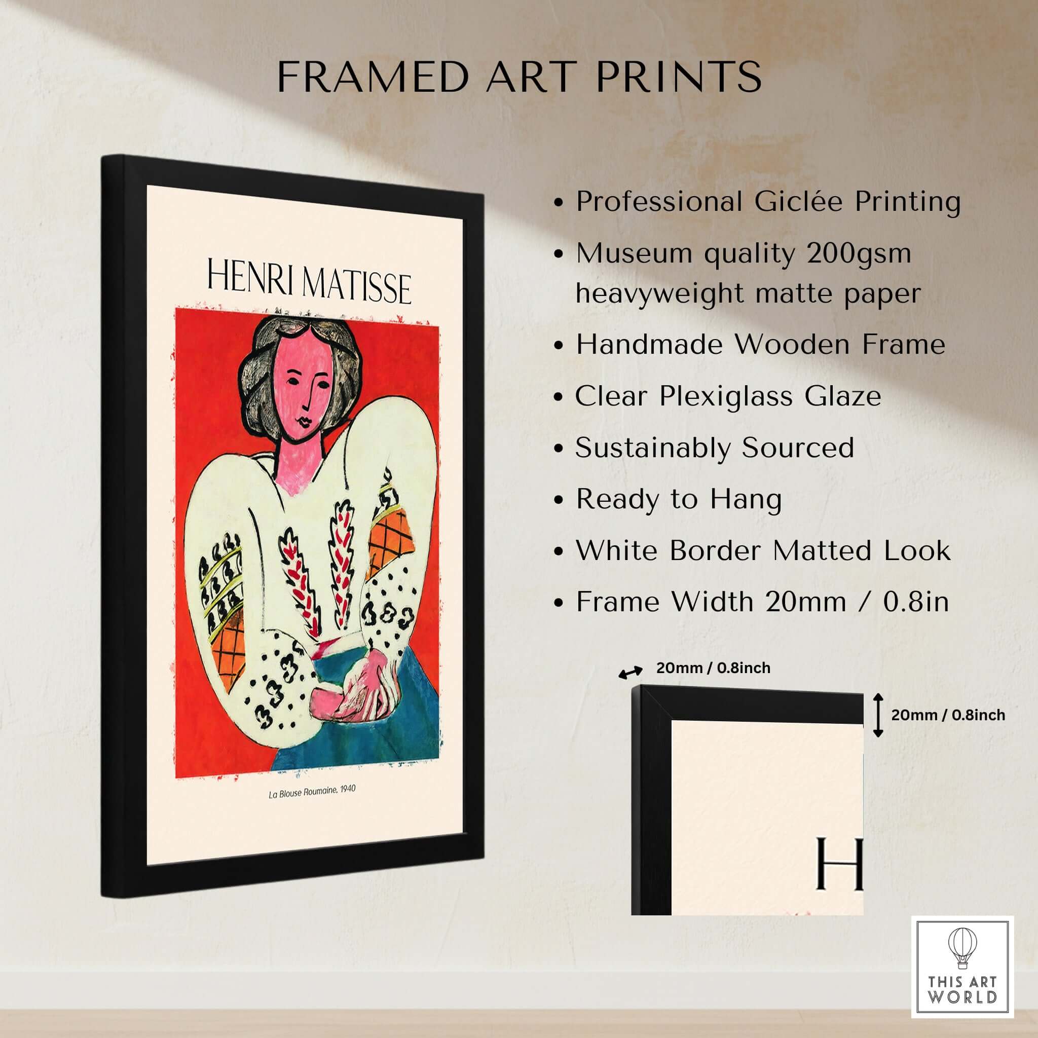 Matisse Poster - La Blouse Roumaine 1940 Famous Art Print framed with clear plexiglass and matted border.