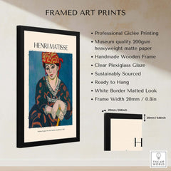 Matisse Art Print - Madras Rouge Red Headdress 1907 Wall Art Poster displayed in a black frame with white matting.