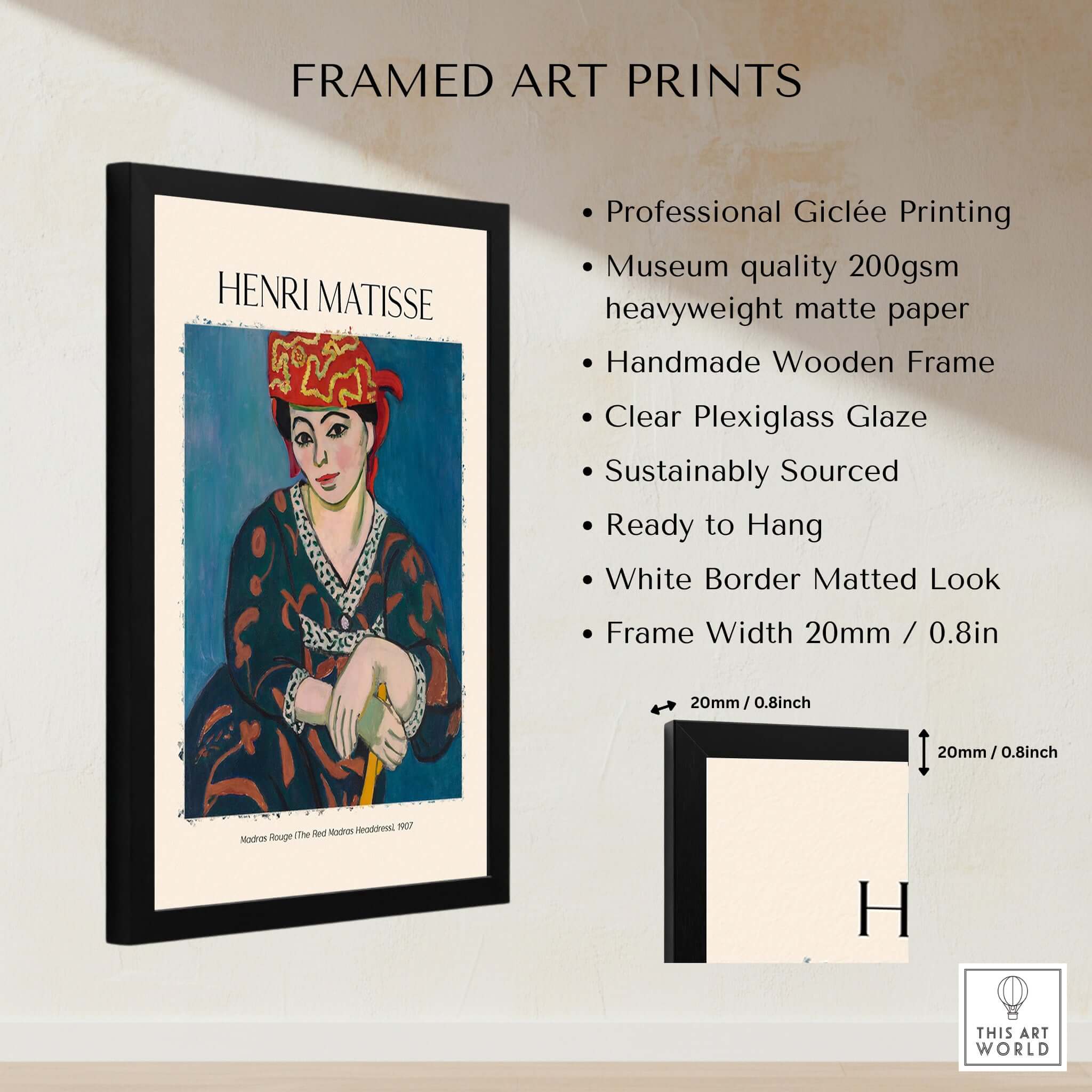 Matisse Art Print - Madras Rouge Red Headdress 1907 Wall Art Poster displayed in a black frame with white matting.