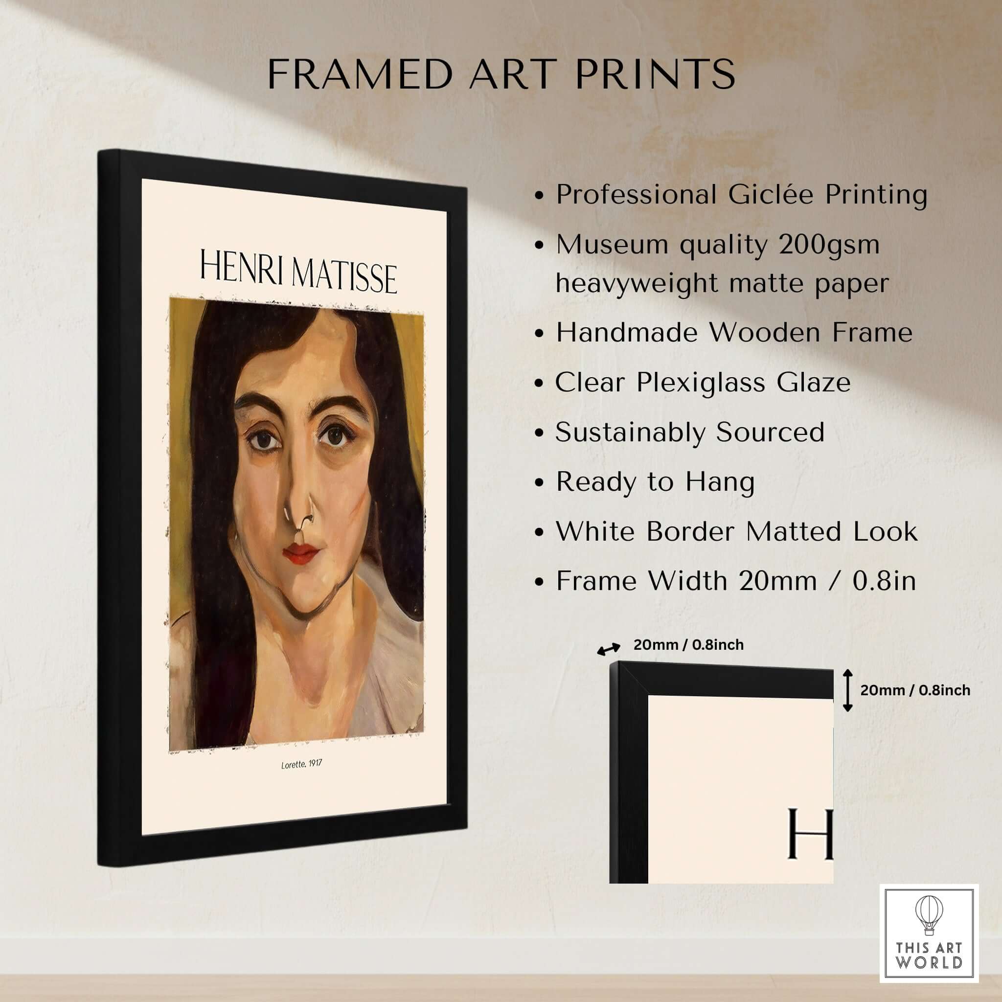 Matisse Art Print - Lorette 1917 Portrait Poster Print framed artwork description with specs and features.