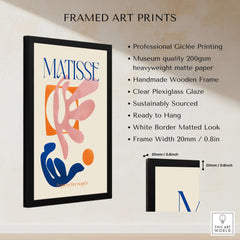 Matisse Papiers Découpés Pink Blue Abstract Art Print framed on wall showcasing vibrant colors and artistic design features.