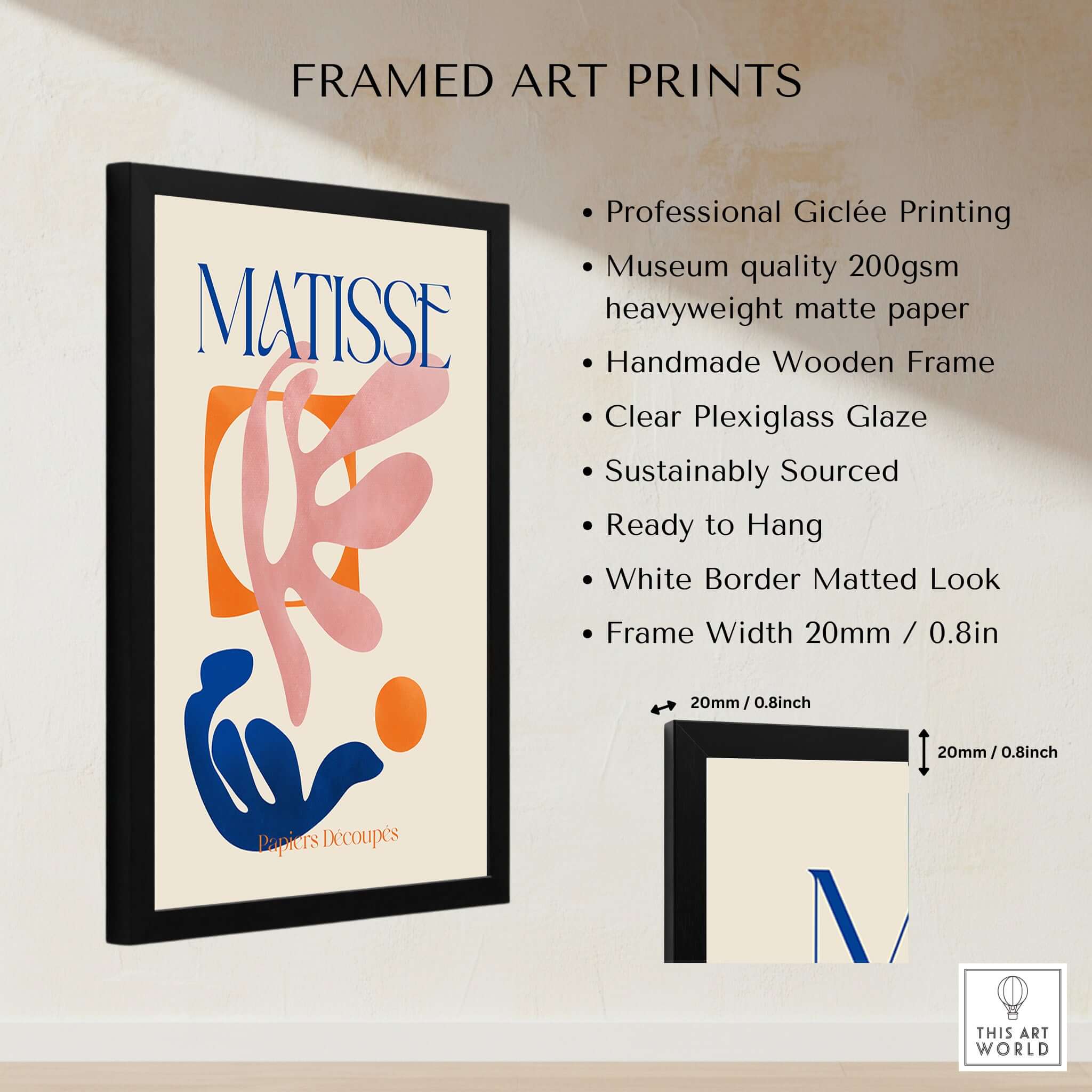 Matisse Papiers Découpés Pink Blue Abstract Art Print framed on wall showcasing vibrant colors and artistic design features.