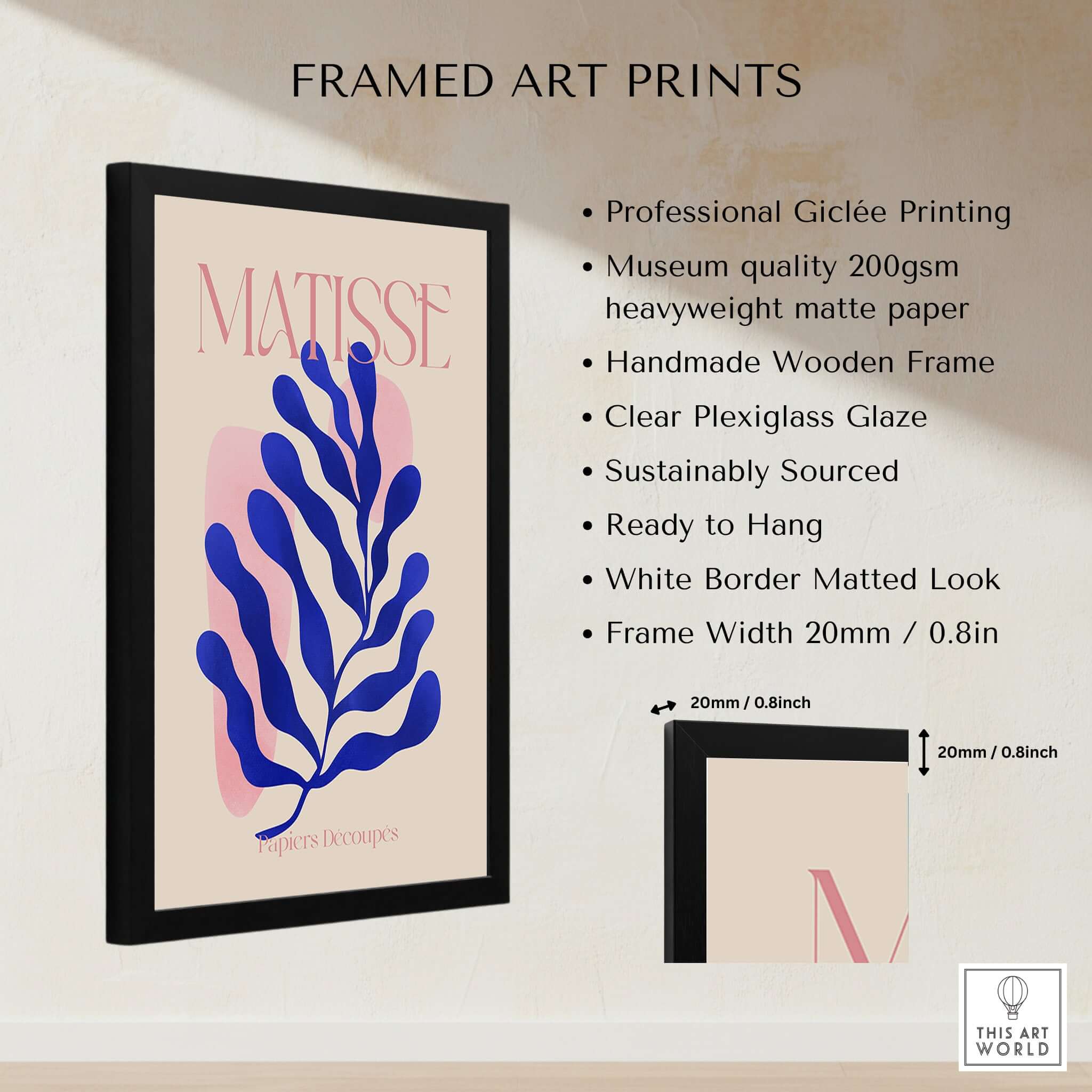 Matisse Blue Leaf Abstract Papiers Découpés Wall Art Print framed art print displayed with product details.