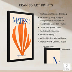 Matisse Papiers Découpés Orange Abstract Botanical Cut Out Art Print framed with black wooden frame and white border.