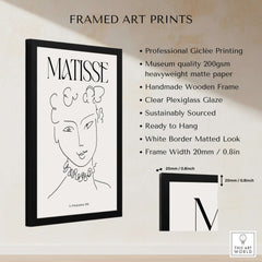 Matisse Art Print La Pompadour 1951 Minimalist Line Drawing Poster in a framed design with details on quality and material.