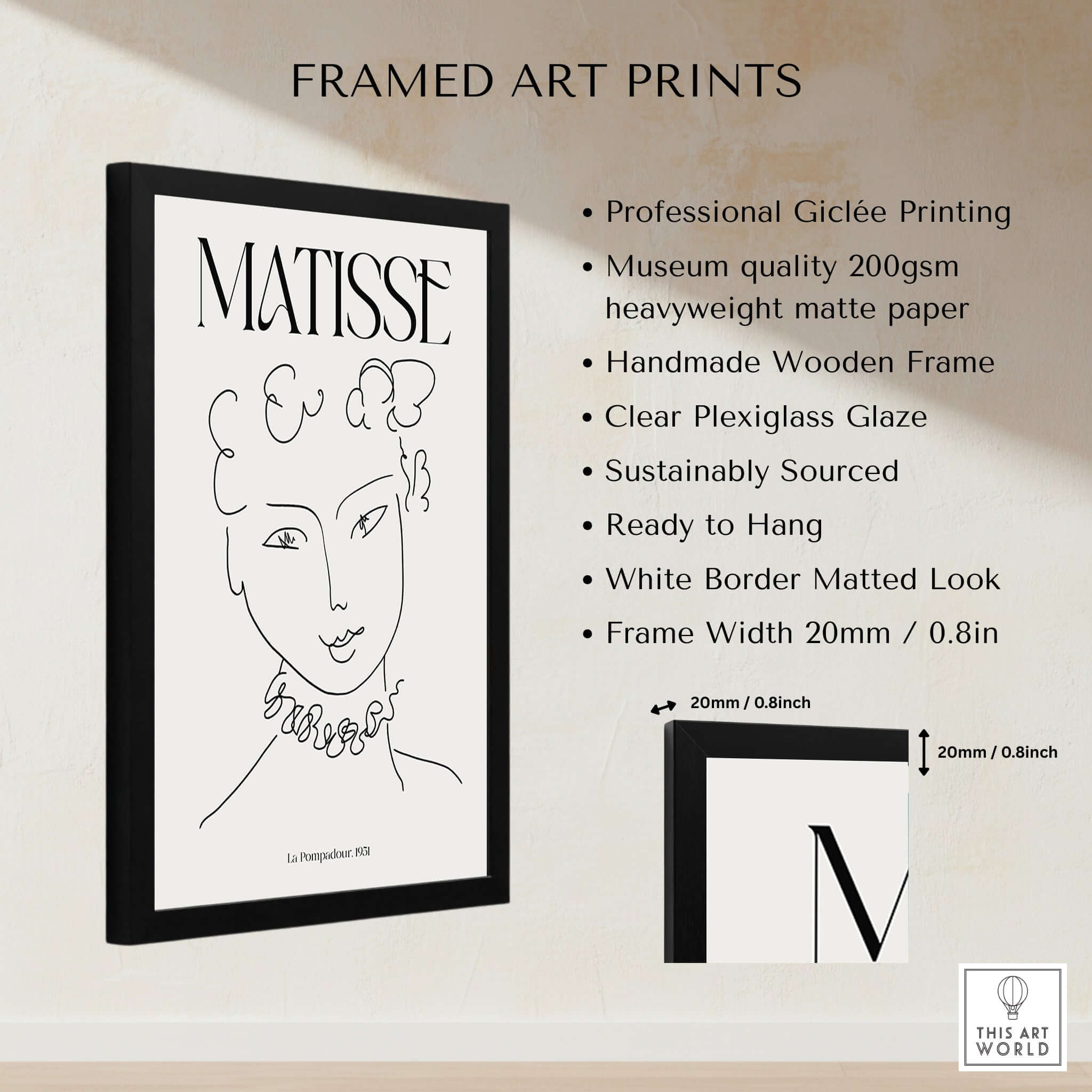 Matisse Art Print La Pompadour 1951 Minimalist Line Drawing Poster in a framed design with details on quality and material.