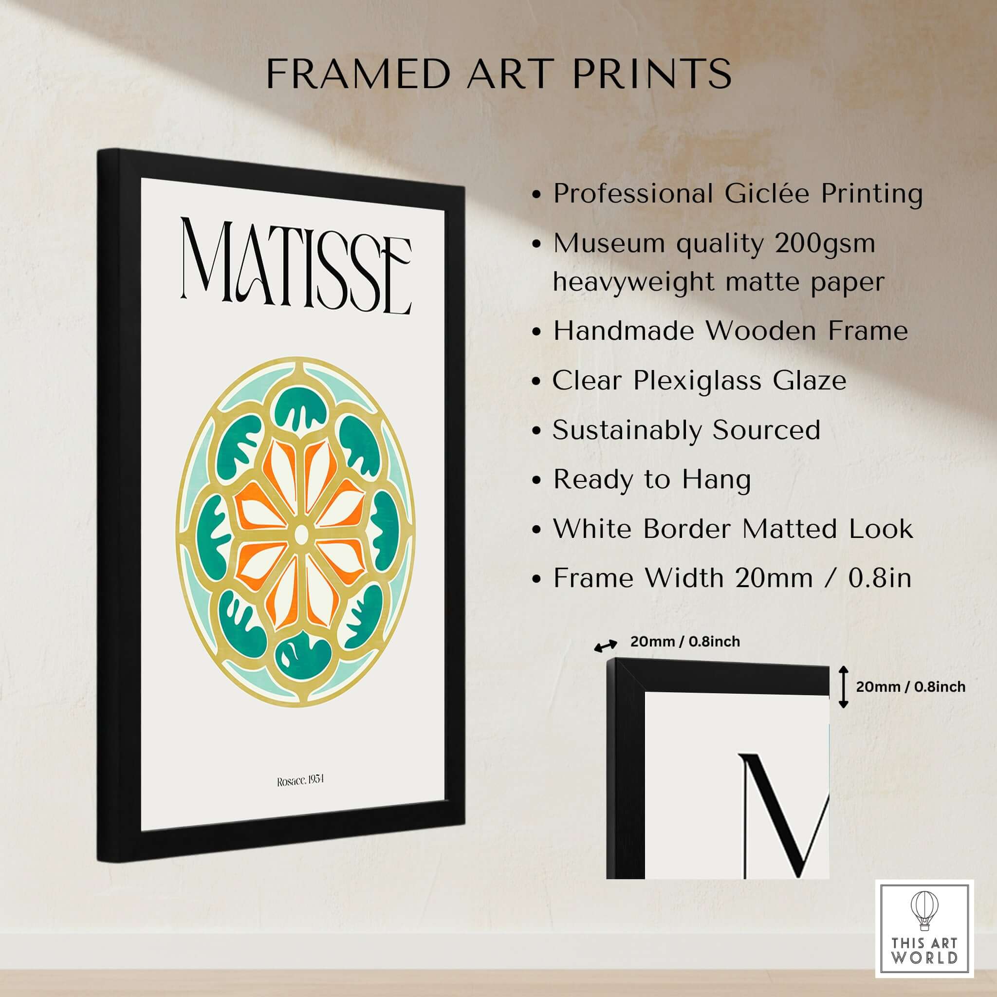 Matisse Art Print Rosace 1954 Rose Window Geometric Art Print displayed in a stylish wooden frame.