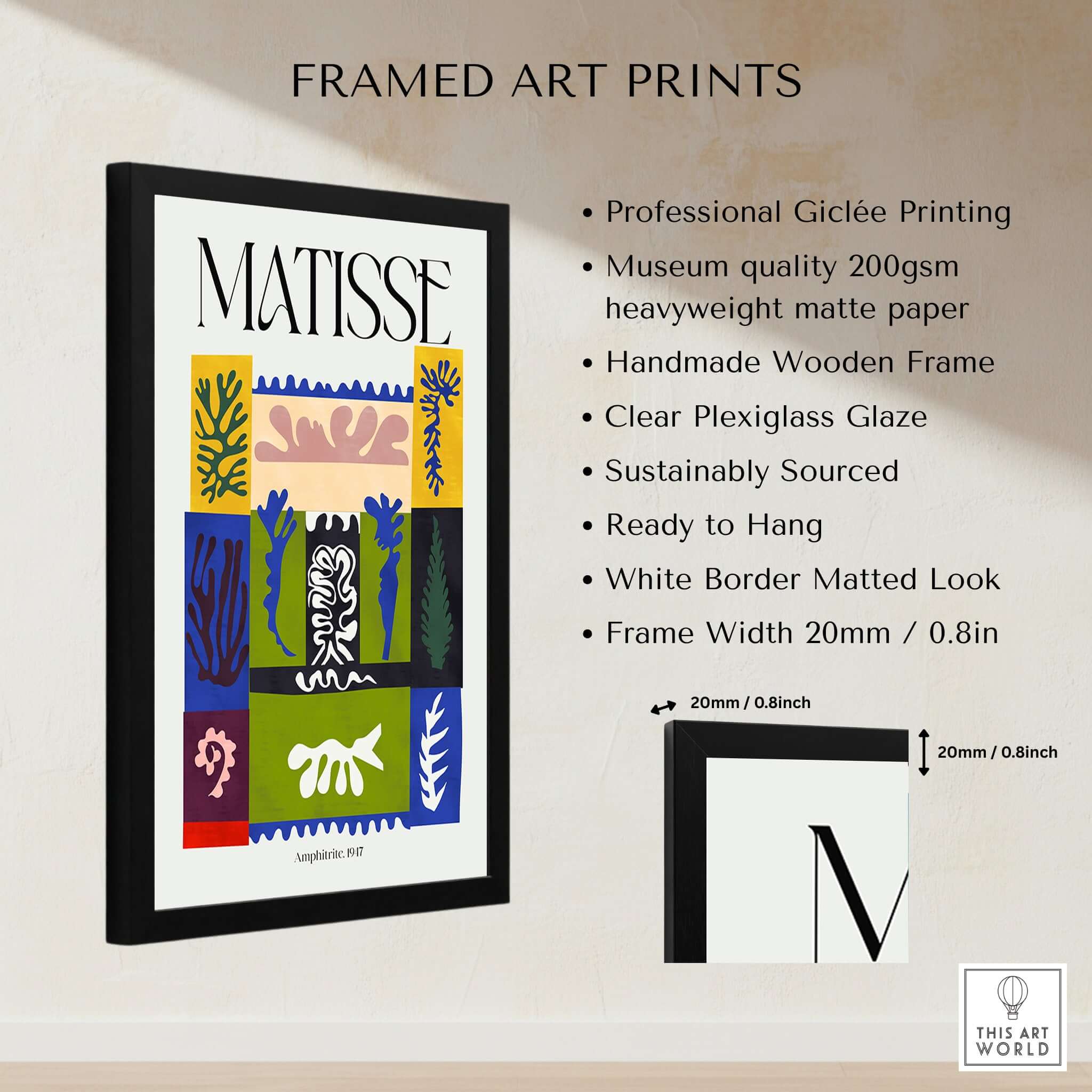 Matisse Amphitrite 1947 Abstract Patchwork Poster Print framed with a black wooden frame and plexiglass glaze.
