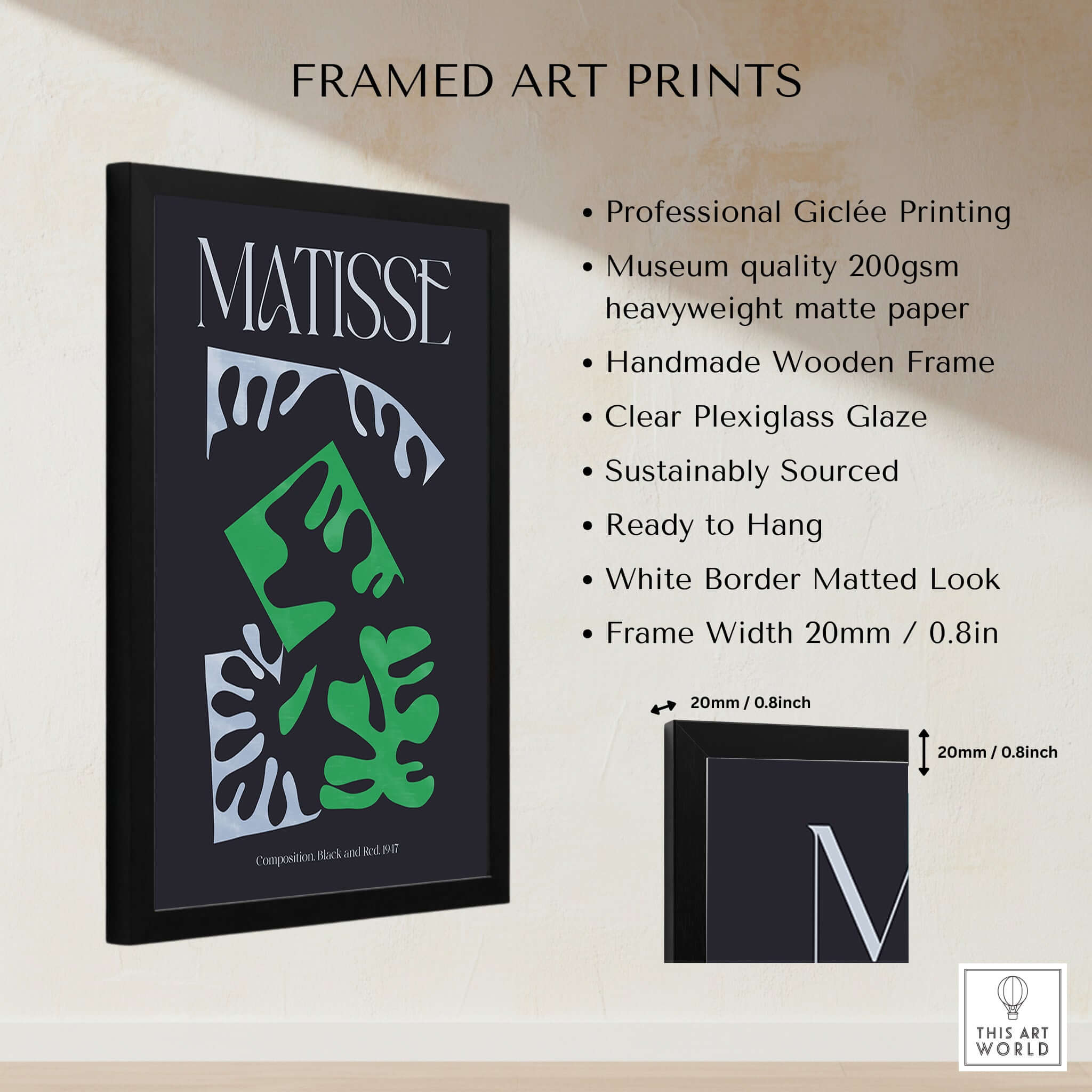 Matisse Art Print Composition Black Green White Abstract Poster 1947 framed with clear plexiglass and sustainable wood frame.