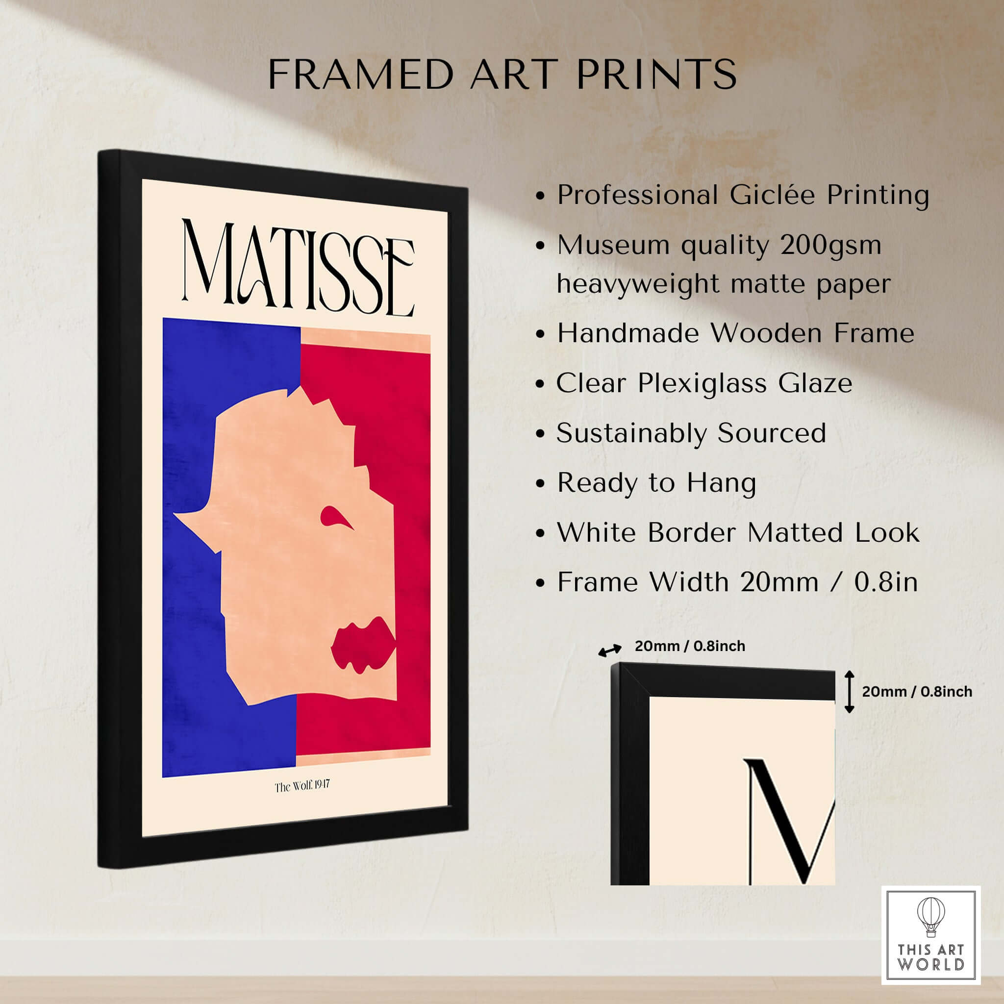 Matisse The Wolf 1947 Papiers Découpés Poster Print framed in a stylish black wooden frame with vibrant colors.
