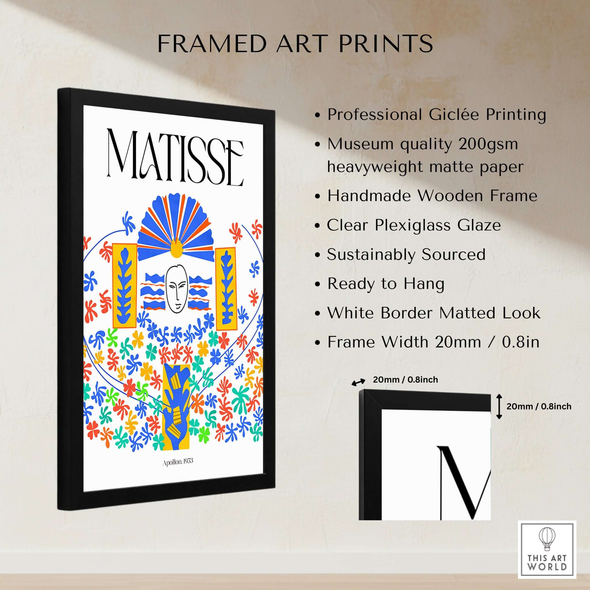 Matisse Apollon 1953 Decorative Cut Out Wall Art Print in a black wooden frame with vibrant colors and floral motifs.