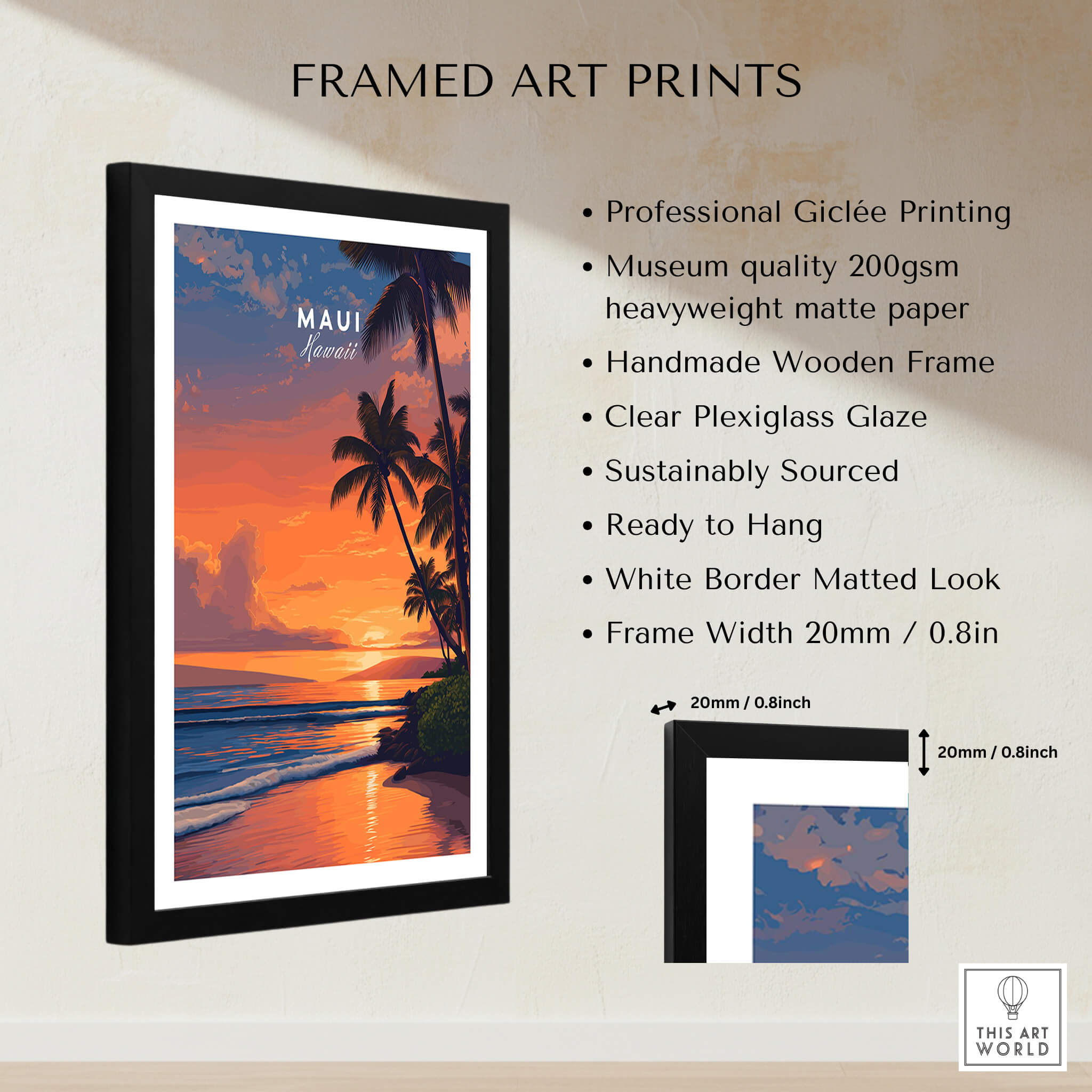 Maui Hawaii Wall Art Print | Tropical Beach Sunset Travel Poster framed art print features a stunning sunset over the beach.