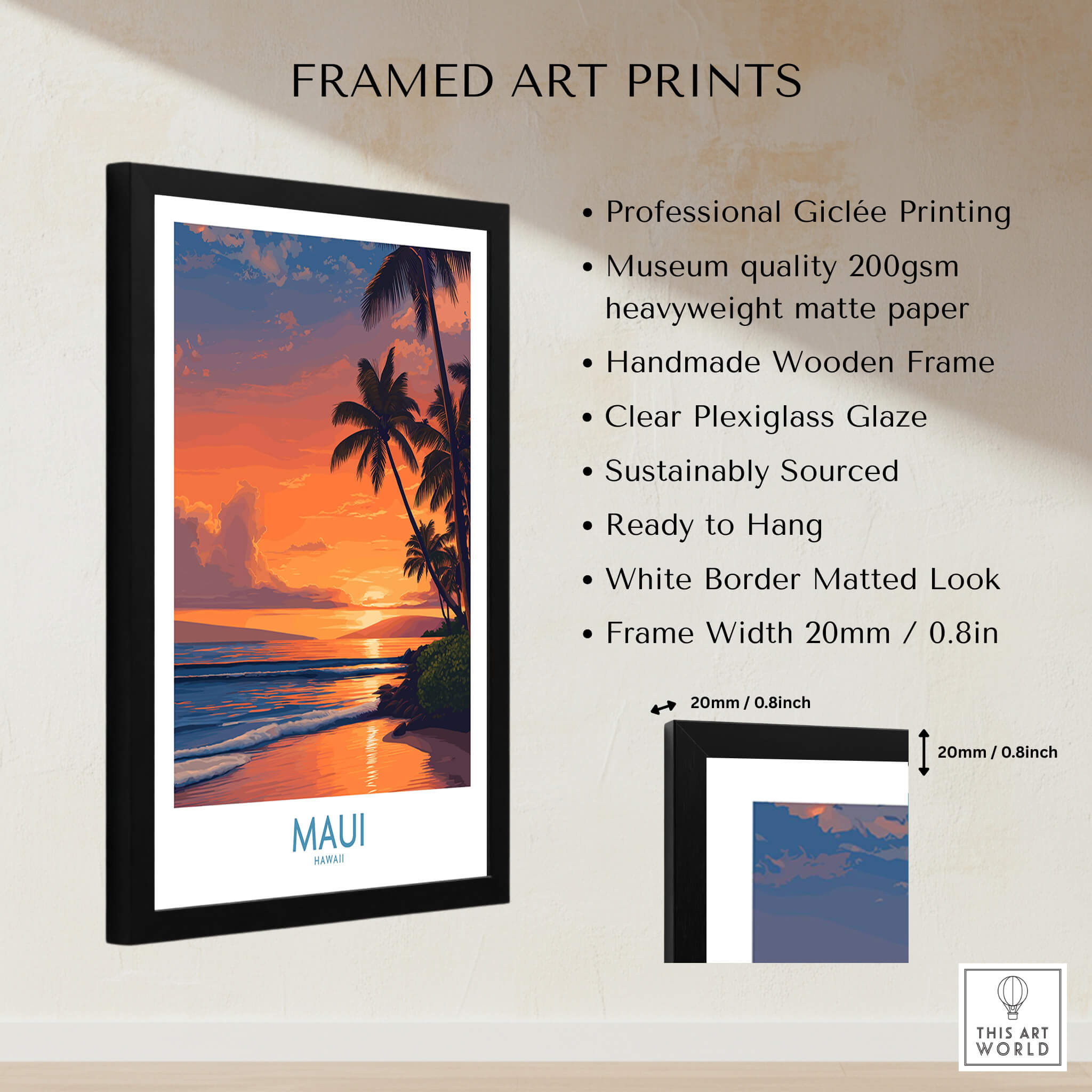Maui Hawaii Poster | Vibrant Island Coastline Scene Canvas Print framed art print with sunset and palm trees.