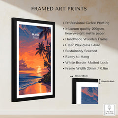 Maui Hawaii Travel Poster | Golden Hour Ocean Sunset Wall Art Print in a stylish frame with professional finish.
