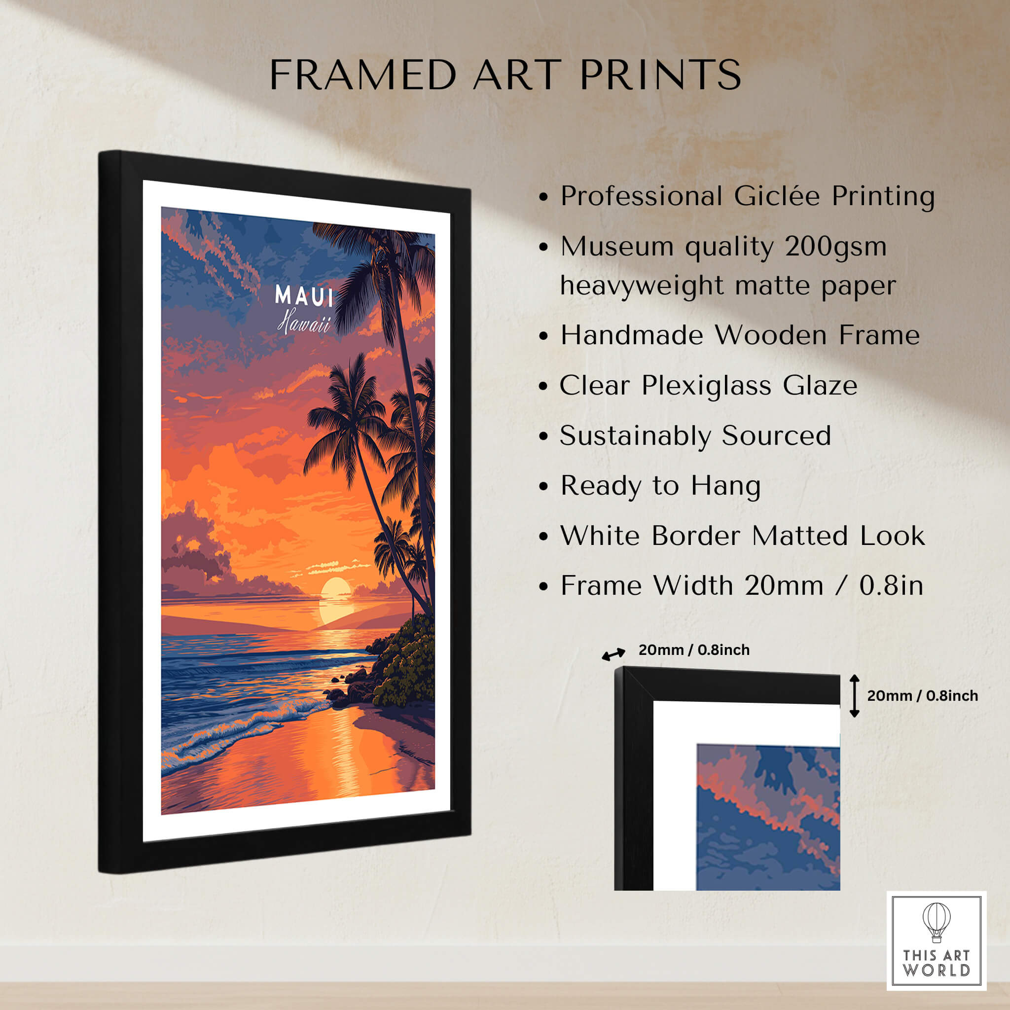 Maui Hawaii Travel Poster | Golden Hour Ocean Sunset Wall Art Print in a stylish frame with professional finish.