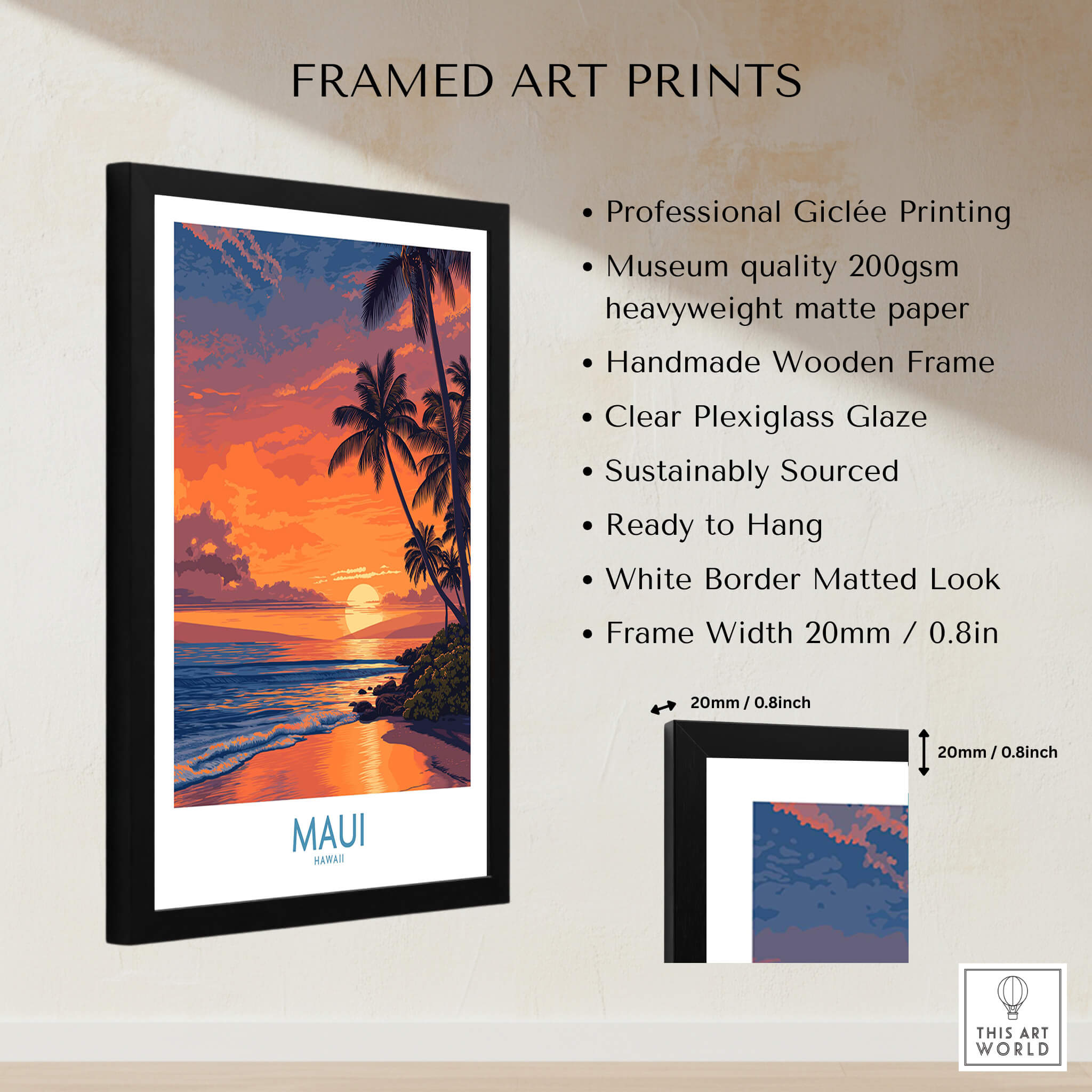 Maui Hawaii Canvas Print | Serene Tropical Beach Landscape Poster framed art print with professional giclée quality and handmade frame.