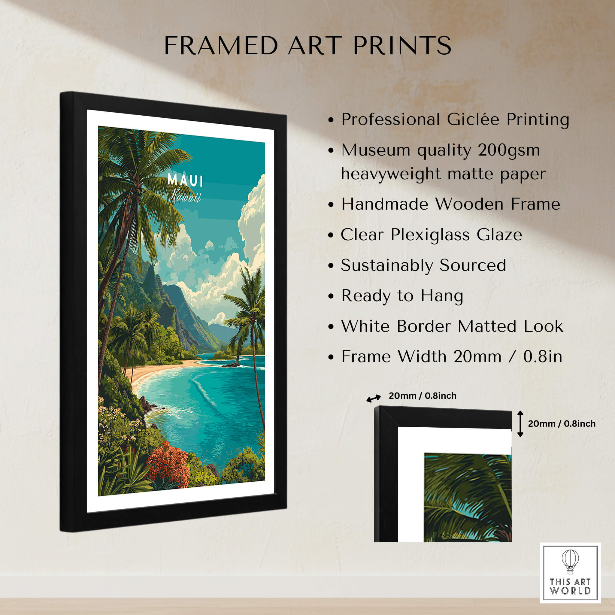 Maui Hawaii Wall Art Print | Lush Tropical Mountain Coast Travel Poster framed and ready to hang with professional giclée printing.