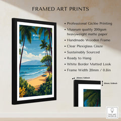 Maui Hawaii Travel Poster | Sunny Surfing Beach Wall Art Print framed in a handmade wooden frame with clear plexiglass.