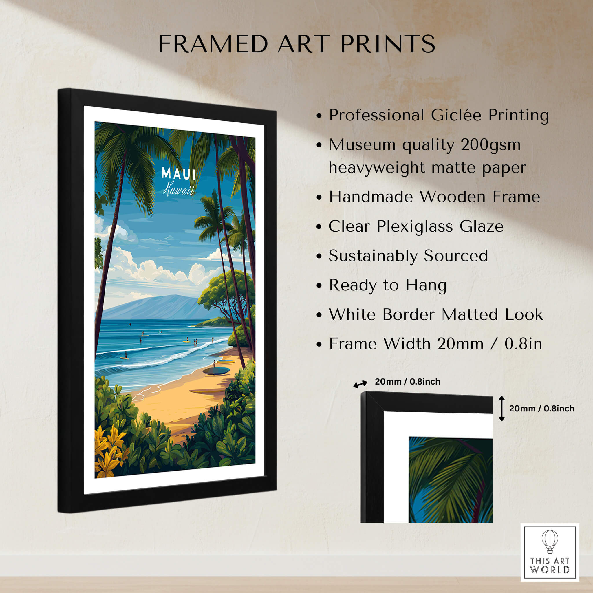 Maui Hawaii Travel Poster | Sunny Surfing Beach Wall Art Print framed in a handmade wooden frame with clear plexiglass.