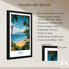 Maui Canvas Print | Hawaii Tropical Palm Trees & Waves Poster in a professional giclée framed print with a handmade wooden frame.