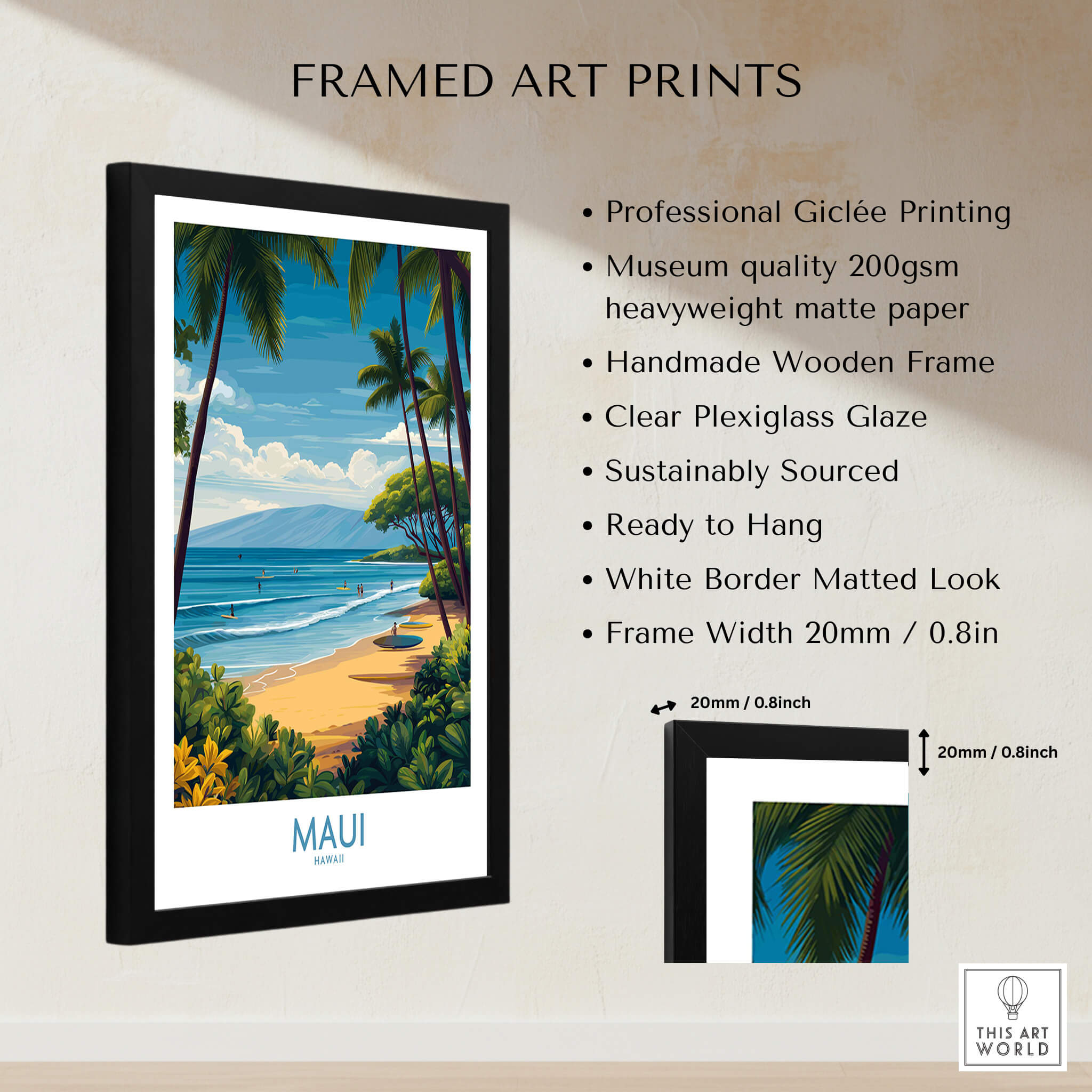 Maui Canvas Print | Hawaii Tropical Palm Trees & Waves Poster in a professional giclée framed print with a handmade wooden frame.