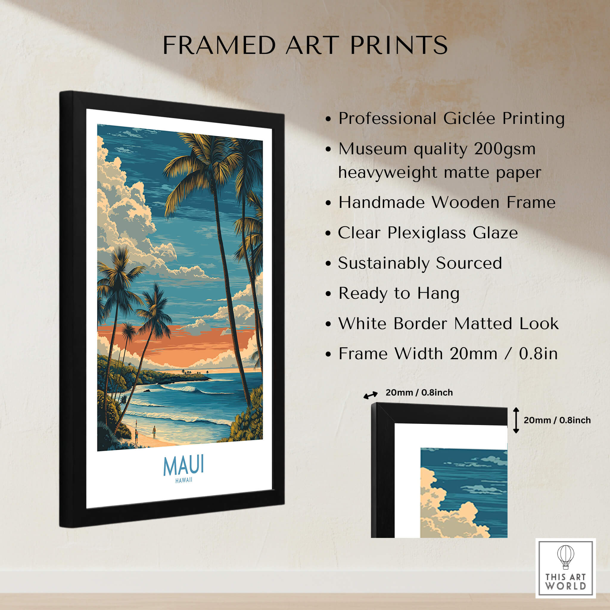 Maui Hawaii Poster | Tropical Twilight Shoreline Canvas Print in a framed art print display.