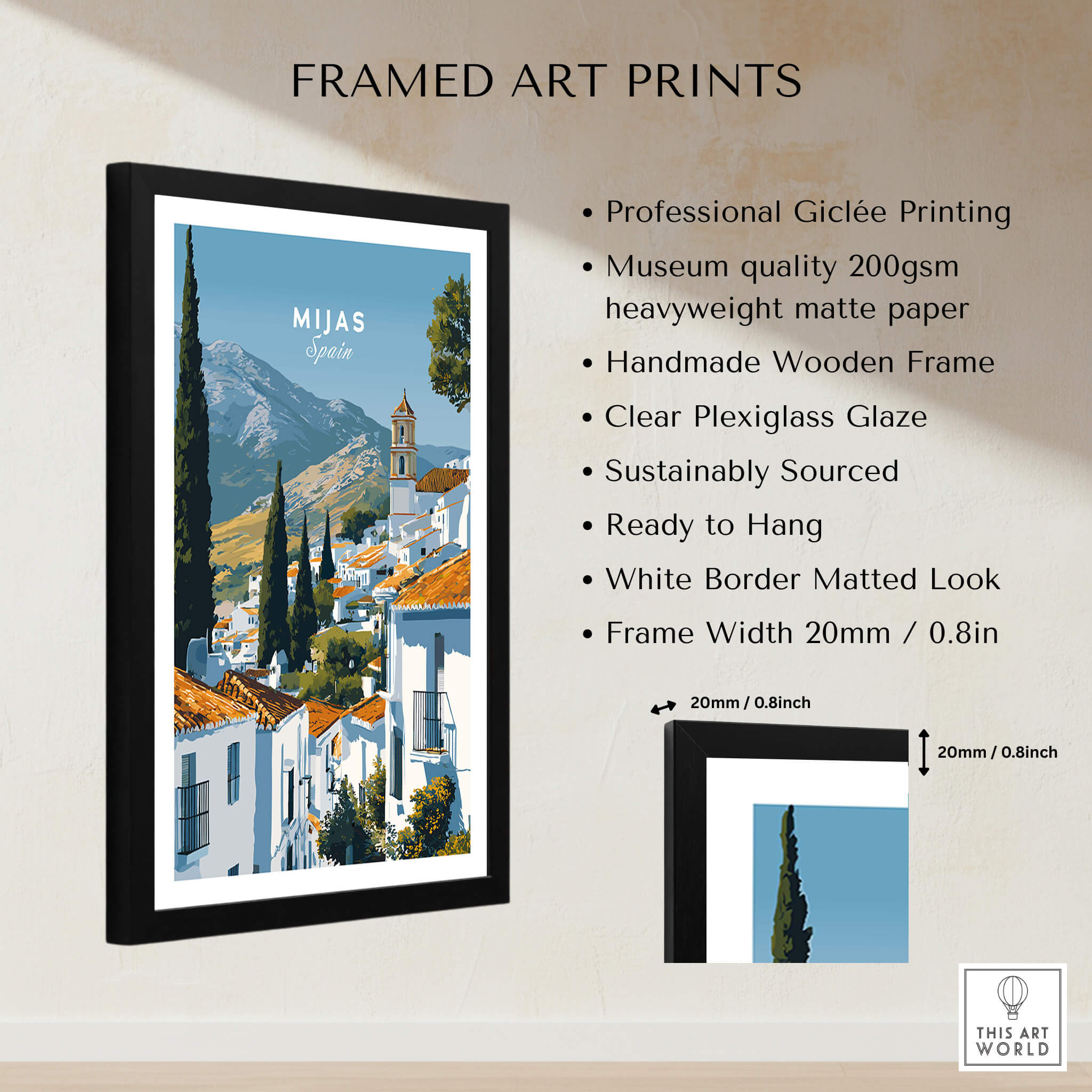 Mijas Spain Wall Art Print | Andalusian White Village Travel Poster with handmade wooden frame and professional printing.
