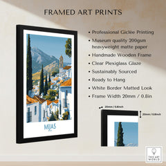 Mijas Spain Poster | Scenic Mountain Town Landscape Canvas Print in a framed Giclée print, showcasing lush mountains and white architecture.