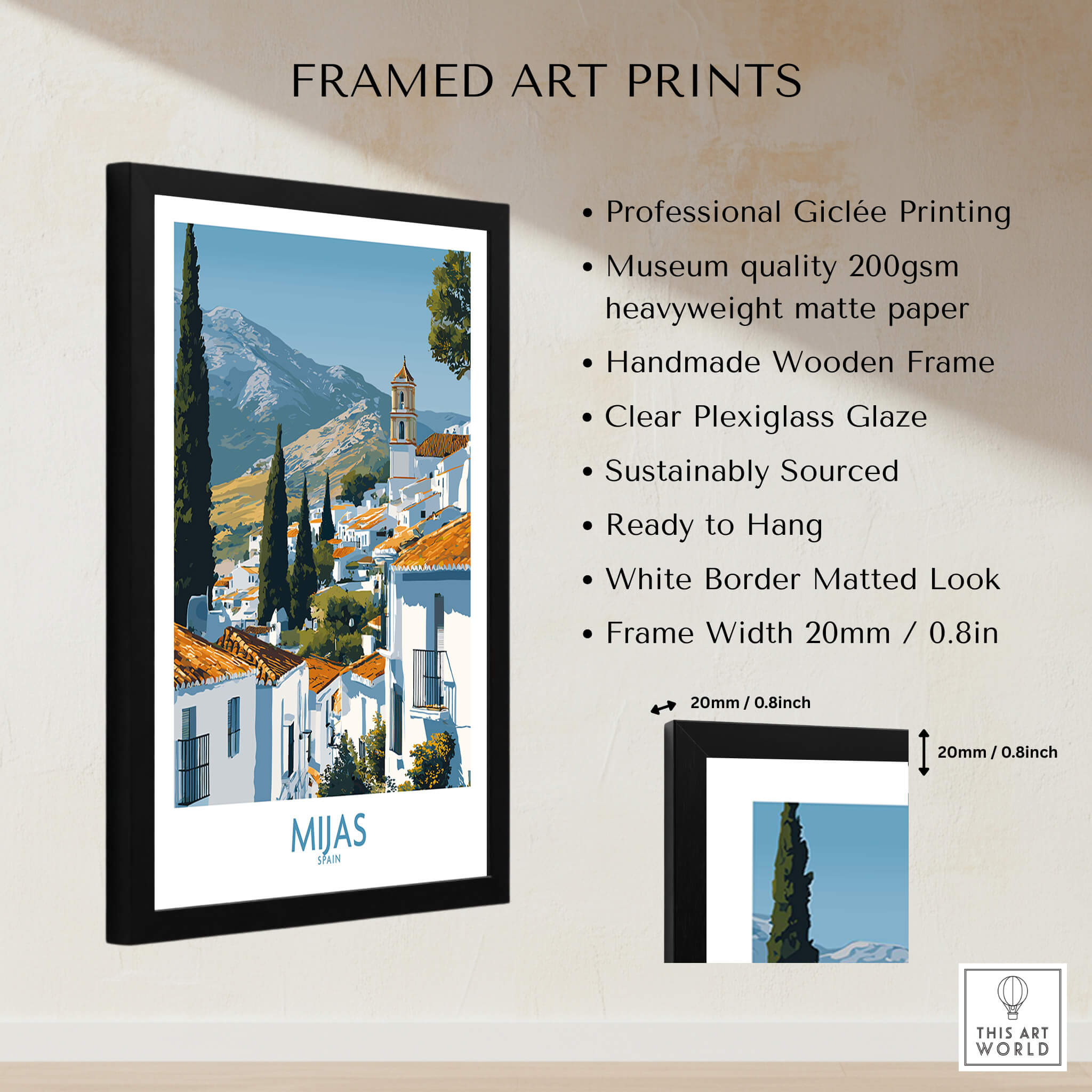 Mijas Spain Poster | Scenic Mountain Town Landscape Canvas Print in a framed Giclée print, showcasing lush mountains and white architecture.