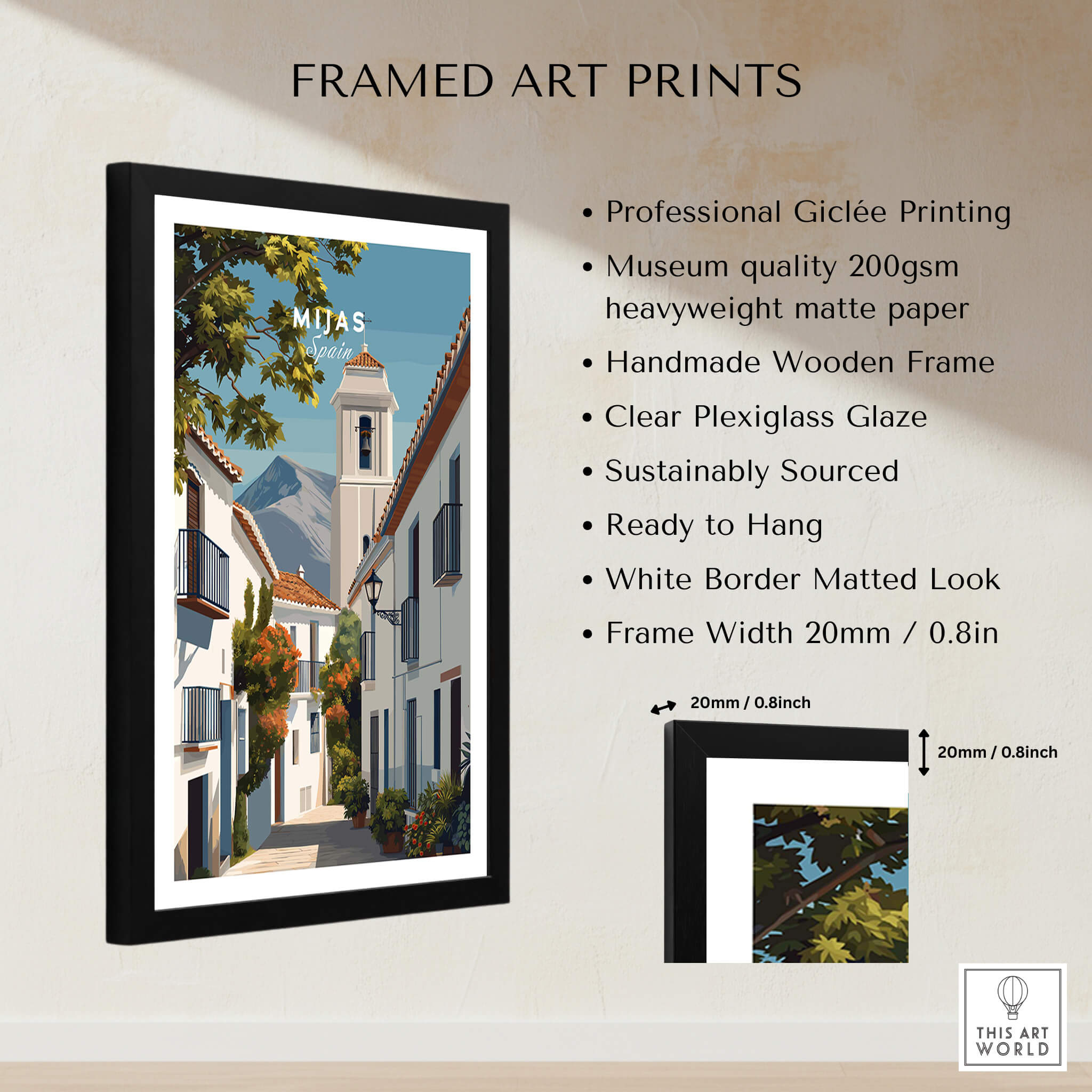 Mijas Spain Travel Poster | Traditional White Street Wall Art Print framed print showcasing Mijas' charming streets and white buildings.