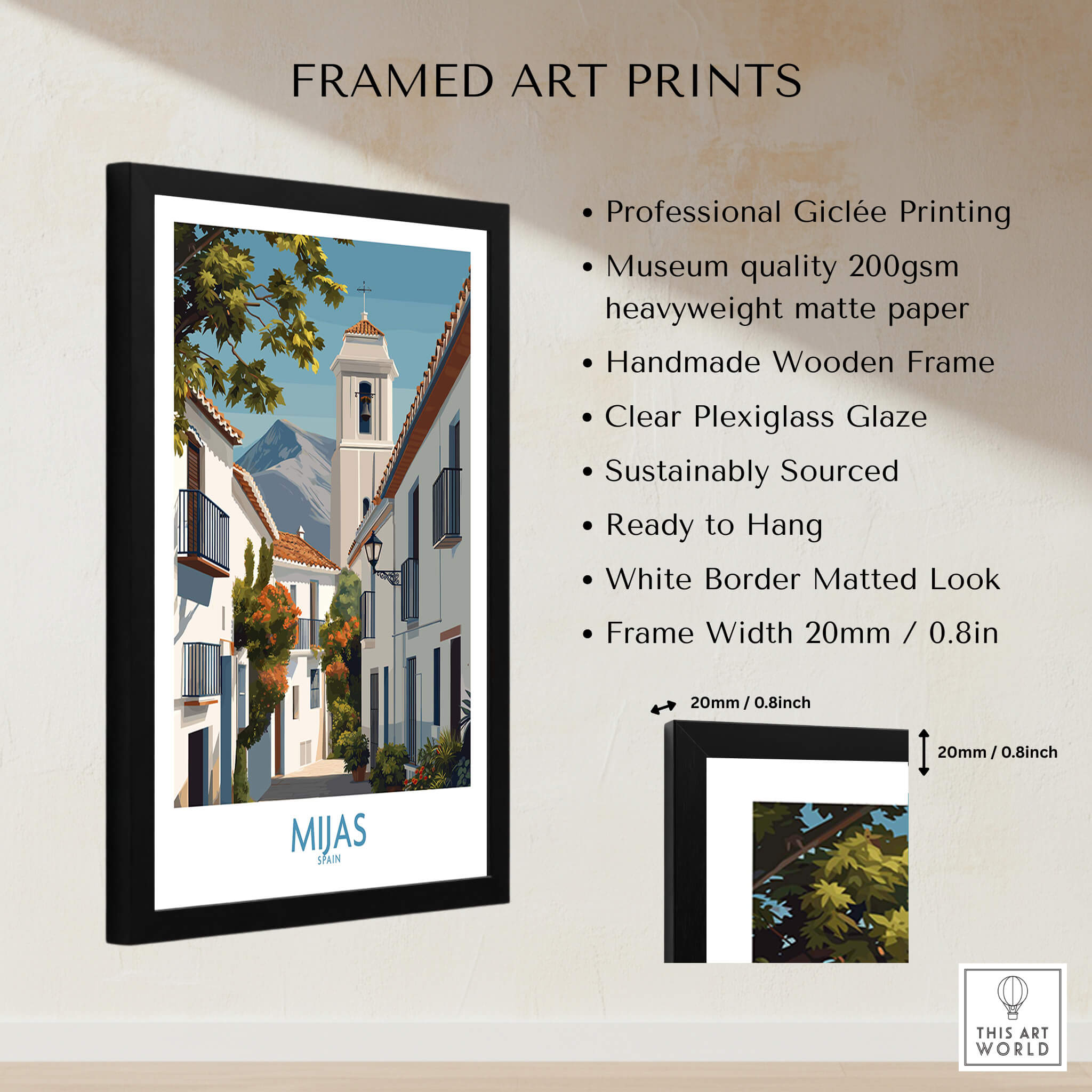 Mijas Spain Canvas Print | Historic Spanish Village Scene Poster in a framed art print display.